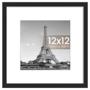upsimples 12x12 Picture Frame, Display Pictures 8x8 with Mat or 12x12 Without Mat, Wall Hanging Photo Frame, Black, 1 Pack