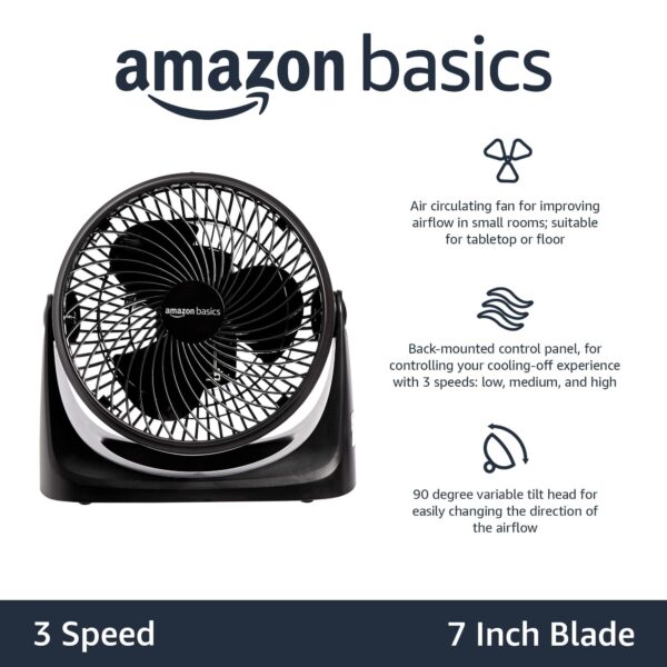 Amazon Basics Air Circulator Fan, Desk Fan for Bedroom, Home and Office, With 90-Degree Tilt Head, 3 Speed Settings, Lightweight (3 LBS), 35 Watts, Black, 11.1"W x 6.3"D x 10.9"H - Image 2