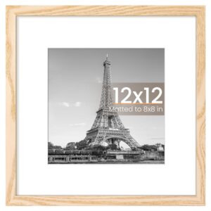 upsimples 12x12 Picture Frame, Display Pictures 8x8 with Mat or 12 x 12 Without, Wall Hanging Square Frames, Natural, 1 Pack