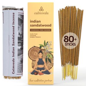 Indian Sandalwood Incense Sticks - 80 Sticks, Charcoal Free, Upcycled Flowers, All Natural, Non Toxic, Meditation & Stress Relief