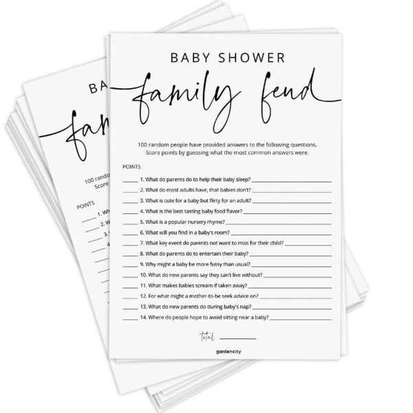 Baby Shower Games - 50 Baby Shower Family Feud Game Cards, Boy or Girl, Gender Neutral, Minimalist