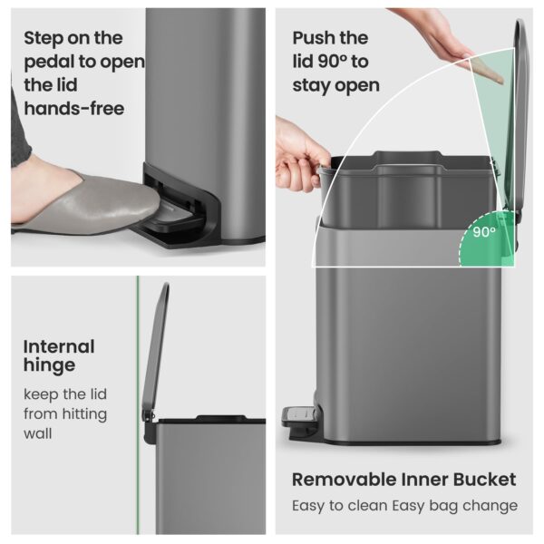 Cesun Small Bathroom Trash Can with Lid Soft Close, Step Pedal, 6 Liter / 1.6 Gallon Stainless Steel Garbage Can with Removable Inner Bucket, Anti-Fingerprint Finish (Gray) - Image 5