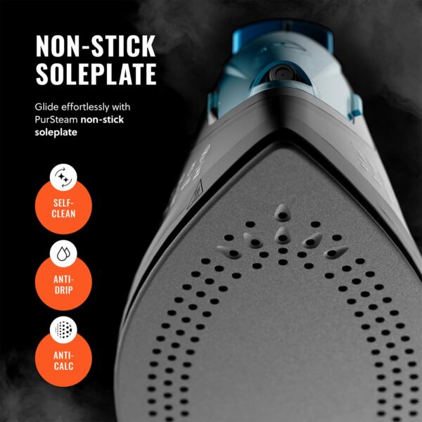 PurSteam Professional 1250W Steam Iron | Powerful Steamer with Burst of Steam & Spray | Non-Stick Soleplate, Easy Temperature Control & Auto Shut-Off - Image 3
