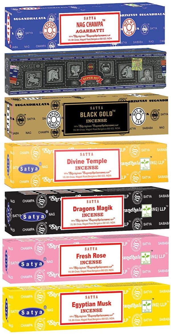 Satya Incense Sticks Gift Set, 7 Scents, Nag Champa, Super Hit, Dragon's Blood, Sandalwood, Patchouli, Lavender, Positive Vibes, 15g Each (Healing Mix) - Image 3