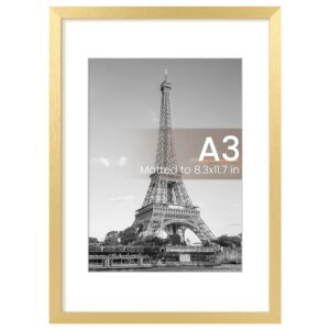 upsimples A3 Picture Frame, Display Pictures 8.3x11.7 with Mat or 11.7 x 16.5 Without, Wall Hanging Poster Frames, Gold, 1 Pack