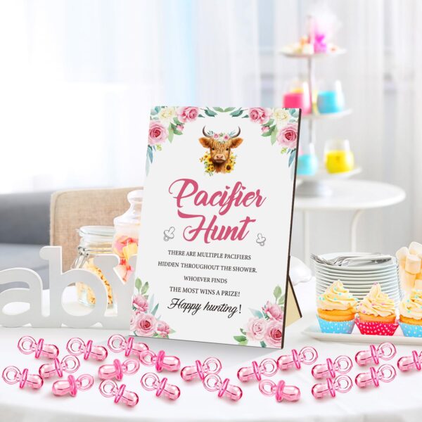 Thyle 51 Pcs Pacifier Hunt Baby Shower Games Include Hunt Sign and 50 Acrylic Pacifiers for Baby Shower Game Decoration Gift Sets Gender Reveal Party Decor(Highland Cow) - Image 5