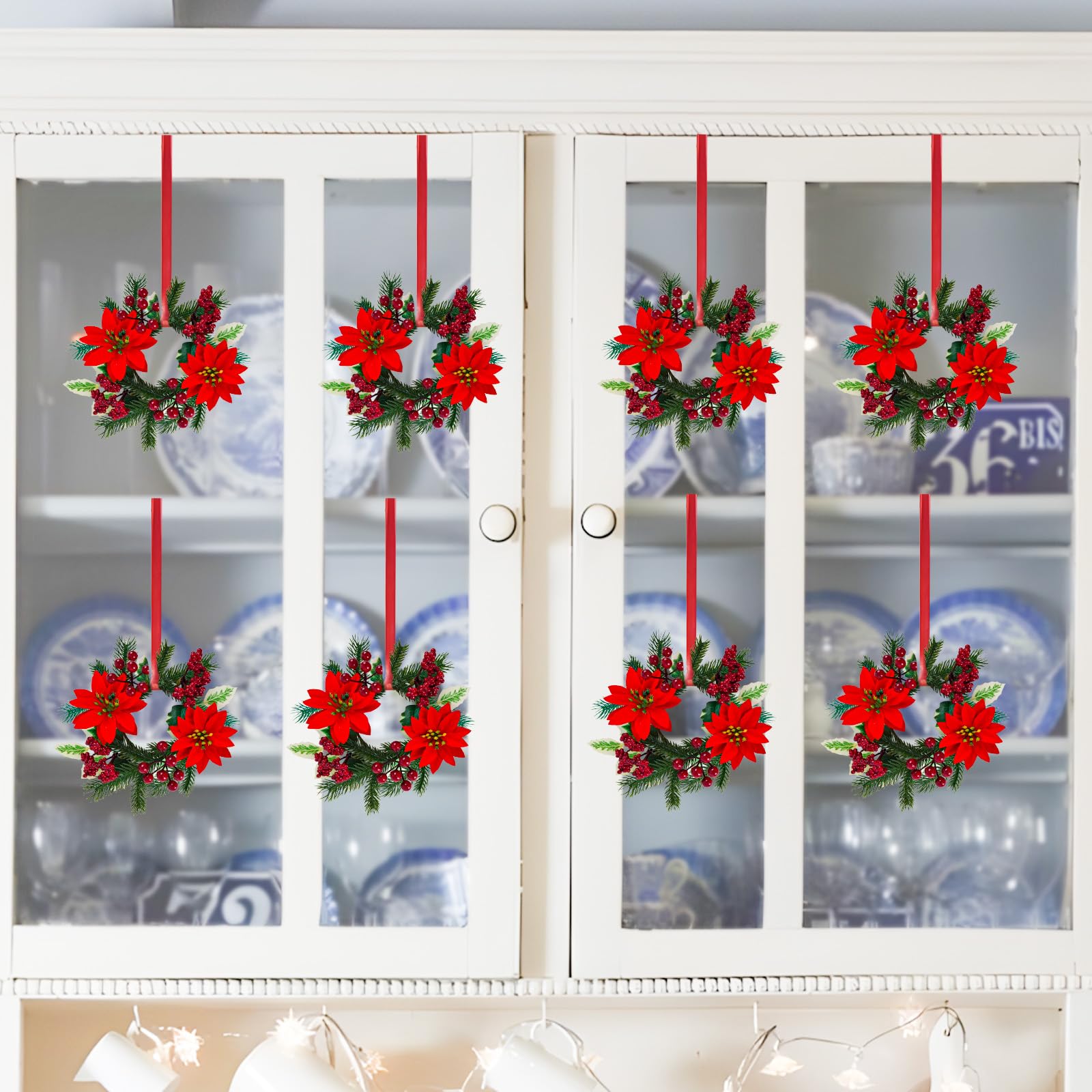 Caplidou 8 Pcs Christmas Candle Rings, Small Christmas Candle Wreath with Artificial Poinsettias Red Berries Mini Candle Wreaths Rings for Pillars Cabinets Table Centerpieces Windows Kitchen Decor - Image 5