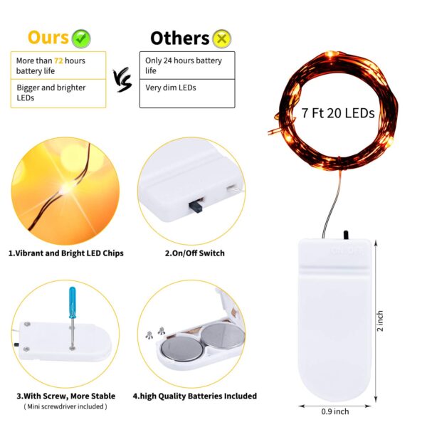 Brightown 24 Pack LED Fairy Lights Battery Operated String Lights Waterproof Silver Wire 7 Feet 20 LED Firefly Starry Moon Lights for DIY Wedding Party Bedroom Patio Christmas (Orange, 24 Pack) - Image 7