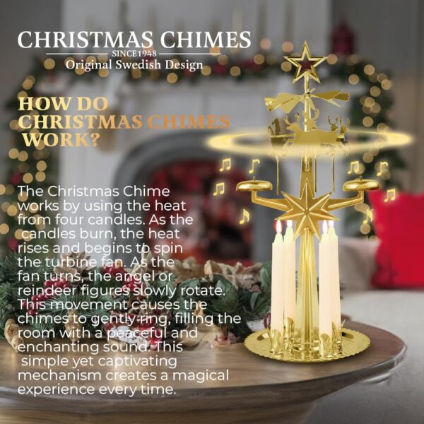 Original Swedish Christmas Chimes, Santa, Carousel and 4 Candles – Scandinavian Spinning Festive Chimes for Christmas, Best Memorial Gift Since 1948, Home Decorations - Brass - Image 2