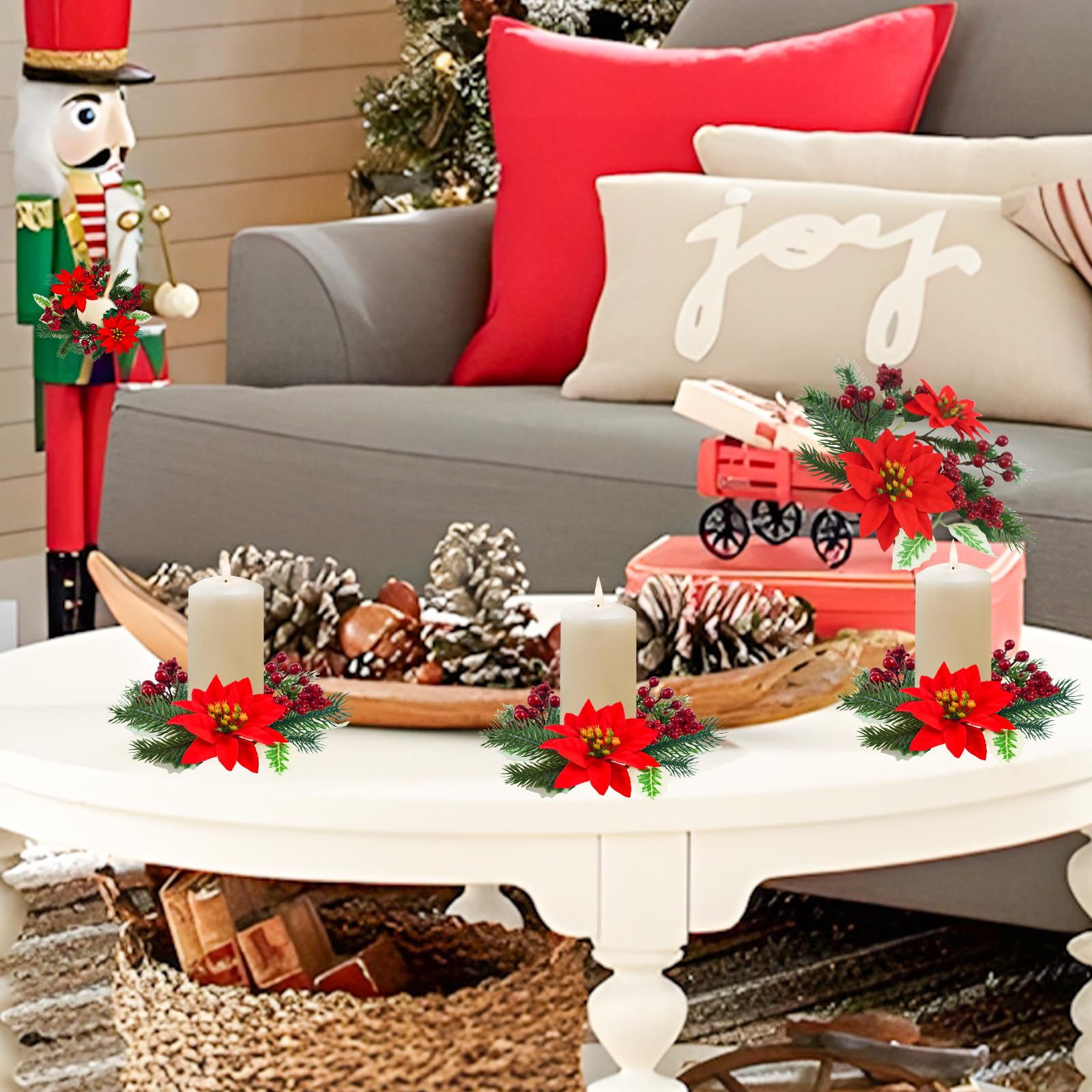 Caplidou 8 Pcs Christmas Candle Rings, Small Christmas Candle Wreath with Artificial Poinsettias Red Berries Mini Candle Wreaths Rings for Pillars Cabinets Table Centerpieces Windows Kitchen Decor - Image 4