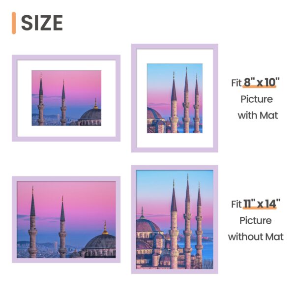 upsimples 11x14 Picture Frame, Display Pictures 8x10 with Mat or 11 x 14 Without, Wall Hanging Photo Frames, Purple, 1 Pack - Image 3