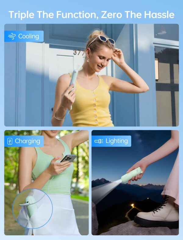 JISULIFE Handheld Mini Fan, 3 IN 1 USB Rechargeable Portable Fan [12-19 Working Hours] with Power Bank, Flashlight, Pocket Design for Travel/Summer/Concerts/Lash, Gifts for Women(Green) - Image 2