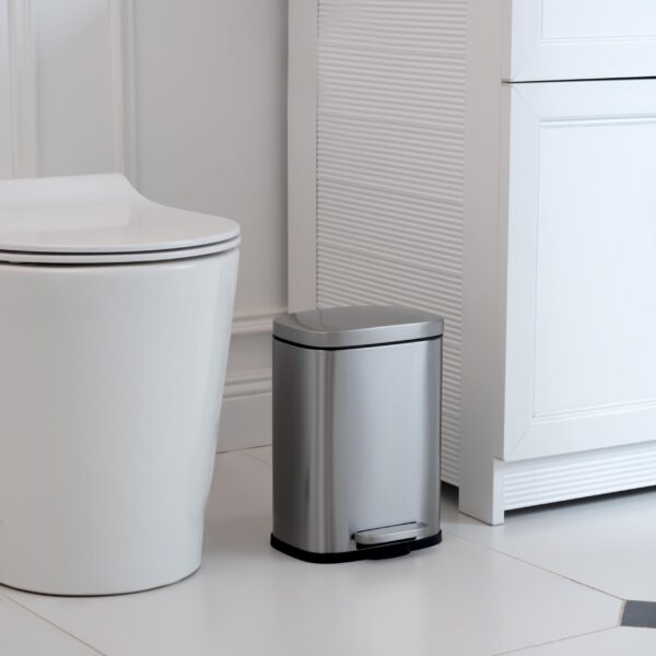 Amazon Basics Smudge Resistant Mini Rectangular Trash Can With Soft-Close Foot Pedal, Brushed Stainless Steel, for Bathroom & small space, 5 L /1.32 Gal, Satin Nickel Finish, 7.3x8.5 x11.8 in (LxWxH) - Image 3