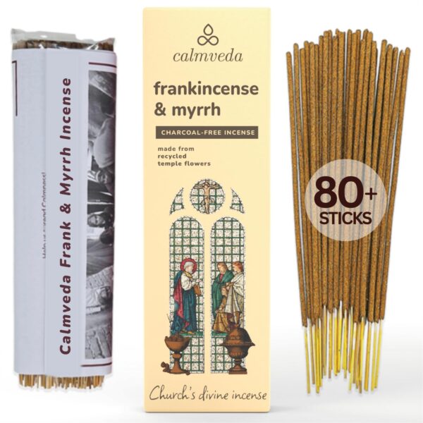 Calmveda Church Frankincense and Myrrh Incense - (80 Sticks) Charcoal Free Incense, Made from upcycled Flowers | Used as Spiritual Healing Incense in Church (Handmade Olibanum Incense)