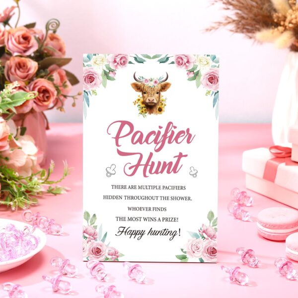 Thyle 51 Pcs Pacifier Hunt Baby Shower Games Include Hunt Sign and 50 Acrylic Pacifiers for Baby Shower Game Decoration Gift Sets Gender Reveal Party Decor(Highland Cow) - Image 2