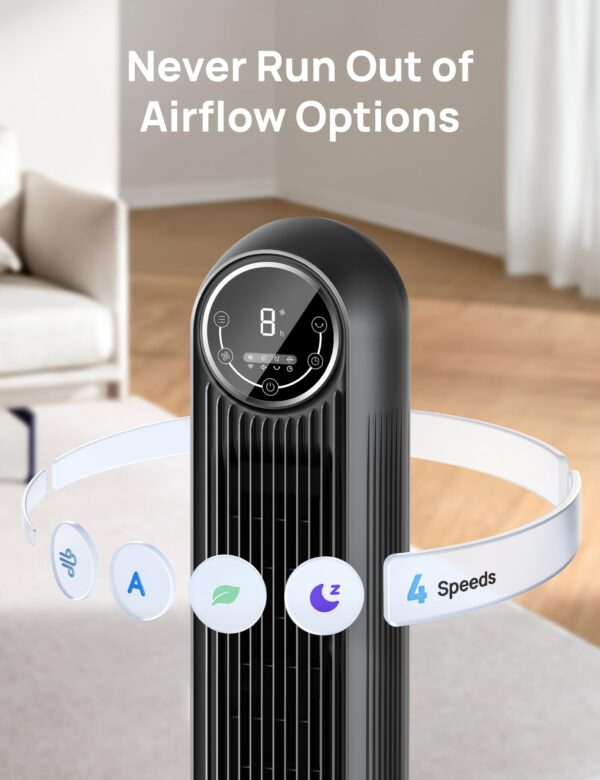 Dreo Tower Fan for Bedroom, 25ft/s Velocity Quiet Floor Fan, 90° Oscillating Fans for Indoors with 4 Speeds, 4 Modes, 8H Timer, Standing Fans, Bladeless Fan, Black, Nomad One (DR-HTF007) - Image 4