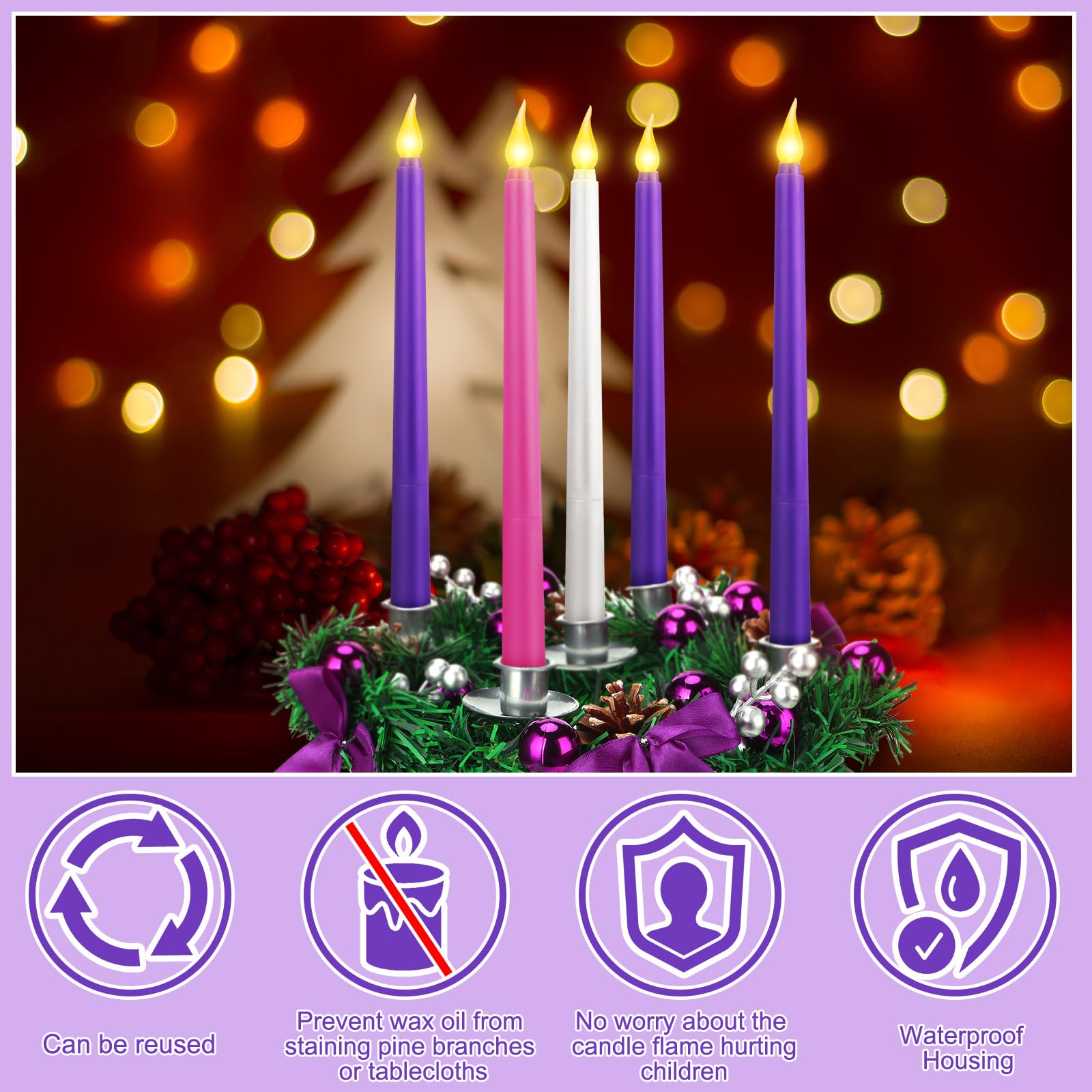 Tioncy 12 Inch Christmas Advent Wreath Candle Holder with 5 Flameless Candles Remote Control Wreaths Holder Centerpiece Decoration with Berries(Stylish,11 x 0.8 x 0.8 in) - Image 7