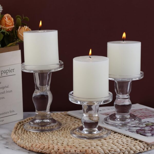 BTGLLAS 3-Piece Set of Glass Candlestick, Crystal Candlestick Holder Holder and Conical Candle, Christmas Candle Holder Decoration, Family Living Room Wedding Candle Holder (Clear) - Image 5
