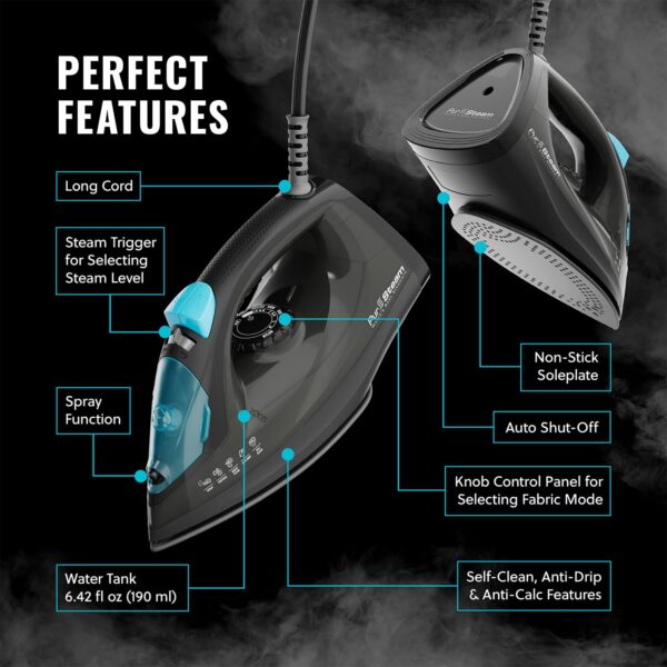 PurSteam Professional 1250W Steam Iron | Powerful Steamer with Burst of Steam & Spray | Non-Stick Soleplate, Easy Temperature Control & Auto Shut-Off - Image 7