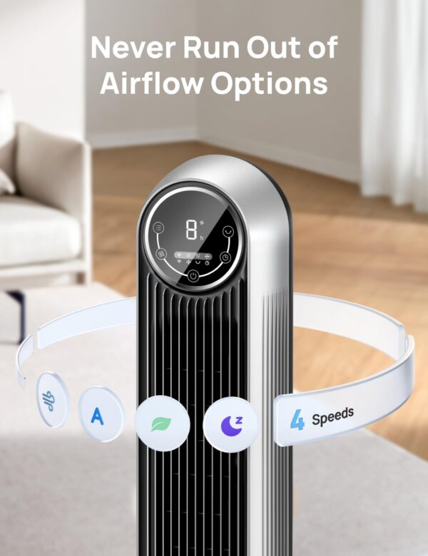 Dreo Tower Fan for Bedroom, 25ft/s Velocity Quiet Floor Fan, 90° Oscillating Fans for Indoors with 4 Speeds, 4 Modes, 8H Timer, Bladeless Fan, Standing Fans, Silver, Nomad One (DR-HTF007) - Image 3