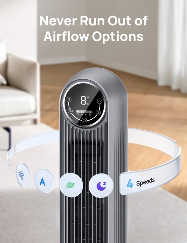 Dreo Tower Fan for Bedroom, 25ft/s Velocity Quiet Floor Fan, 90° Oscillating Fans for Indoors with 4 Speeds, 4 Modes, 8H Timer, Bladeless Fan, Standing Fans, Grey, Nomad One (DR-HTF007) - Image 4
