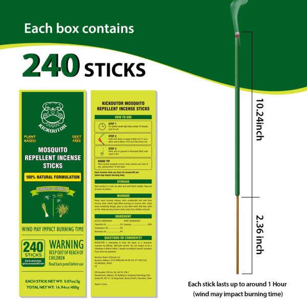 KICKOUTOR® Mosquito Repellent Outdoor Patio 240 PCS Natural Citronella Incense Sticks DEET Free Lemongrass Oil Gnat Mosquito Control for Indoor Backyard Travel Camping - Image 2