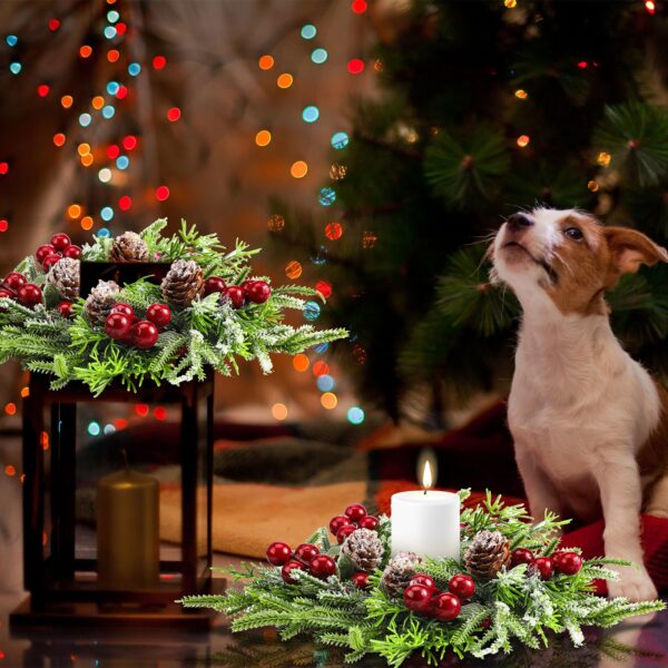 Lyrow 6 Pcs Christmas Candle Rings Wreath Norfolk Pine Garland Red Berry Pinecones Wreaths Artificial Berries Snowy Pine Garland Candle Ring Holder for Christmas Wedding Home Table Centerpiece - Image 6