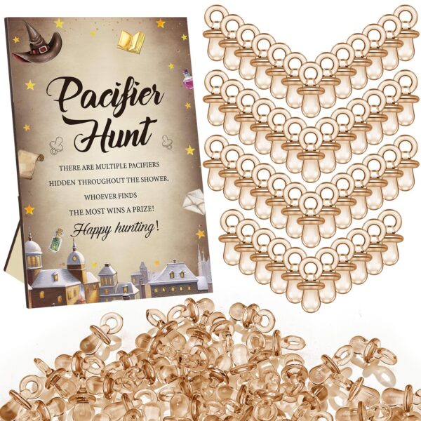 Thyle 51 Pcs Pacifier Hunt Baby Shower Games Include Hunt Sign and 50 Acrylic Pacifiers for Baby Shower Game Decoration Gift Sets Gender Reveal Party Decor(Magical Wizard)