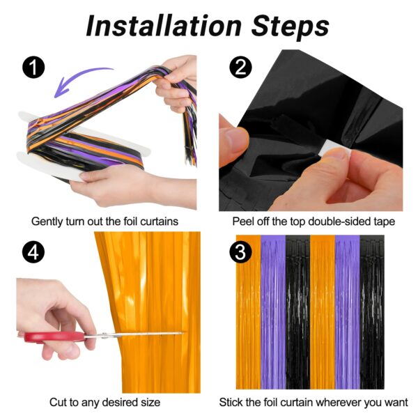 8 Pack Halloween Decorations Indoor, 3.28 FT x 7.05 FT Party Streamer, Orange Purple Black Streamer Backdrop Fringe Curtains Foil Tinsel, Halloween Party Supplies Hanging Halloween Decor - Image 3