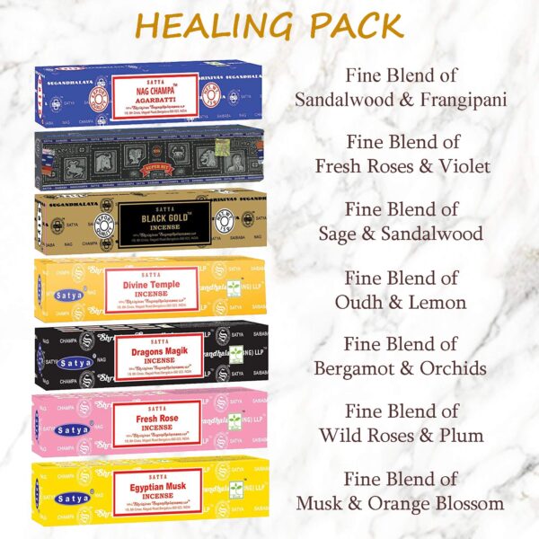 Satya Incense Sticks Gift Set, 7 Scents, Nag Champa, Super Hit, Dragon's Blood, Sandalwood, Patchouli, Lavender, Positive Vibes, 15g Each (Healing Mix) - Image 2