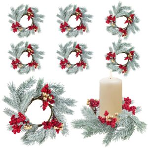 Caplidou 8 Pcs Christmas Candle Rings, Small Candle Rings Wreaths Frosted Mini Christmas Wreaths with Artificial Red Berries Gold Balls for Pillars Table Centerpieces Kitchen Cabinets Windows Decor
