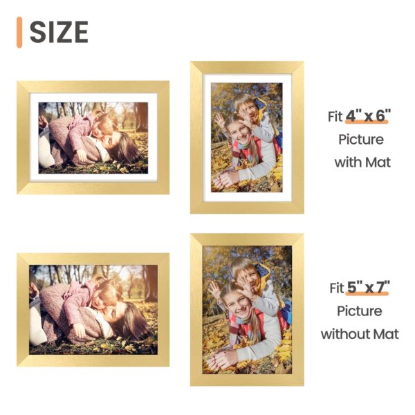 upsimples 5x7 Picture Frame, Display Pictures 4x6 with Mat or 5 x 7 Without, Wall Hanging Photo Frames, Gold, 1 Pack - Image 3