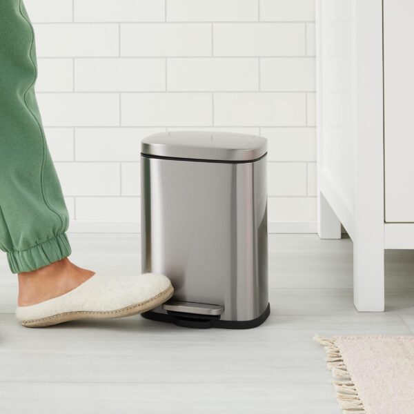 Amazon Basics Smudge Resistant Mini Rectangular Trash Can With Soft-Close Foot Pedal, Brushed Stainless Steel, for Bathroom & small space, 5 L /1.32 Gal, Satin Nickel Finish, 7.3x8.5 x11.8 in (LxWxH) - Image 2