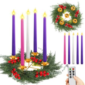 Tioncy 12 Inch Christmas Advent Wreath Candle Holder with 5 Flameless Candles Remote Control Wreaths Holder Centerpiece Decoration with Berries(Eucalyptus Berries,11 x 0.8 x 0.8 in)
