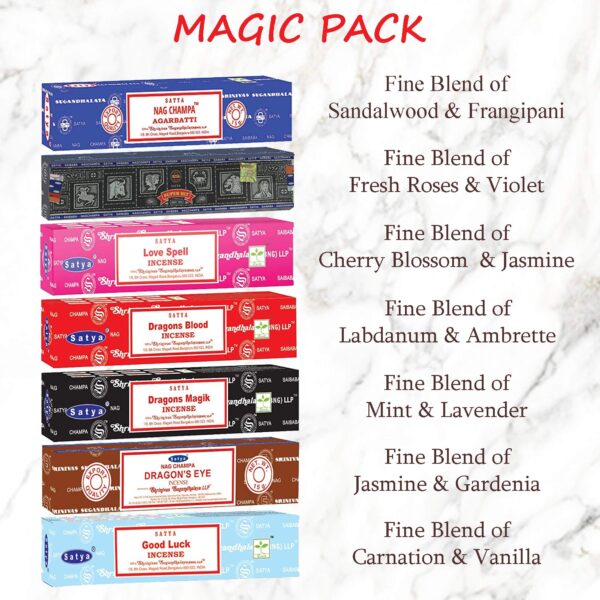 Satya Incense Sticks Gift Set, 7 Scents, Nag Champa, Super Hit, Dragon's Blood, Sandalwood, Patchouli, Lavender, Positive Vibes, 15g Each (Magic Mix) - Image 3