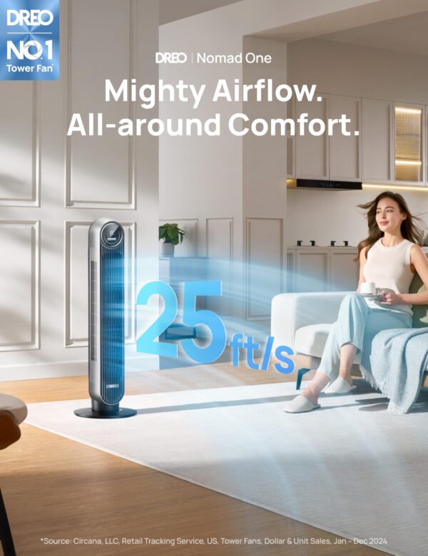 Dreo Tower Fan for Bedroom, 25ft/s Velocity Quiet Floor Fan, 90° Oscillating Fans for Indoors with 4 Speeds, 4 Modes, 8H Timer, Bladeless Fan, Standing Fans, Silver, Nomad One (DR-HTF007) - Image 2