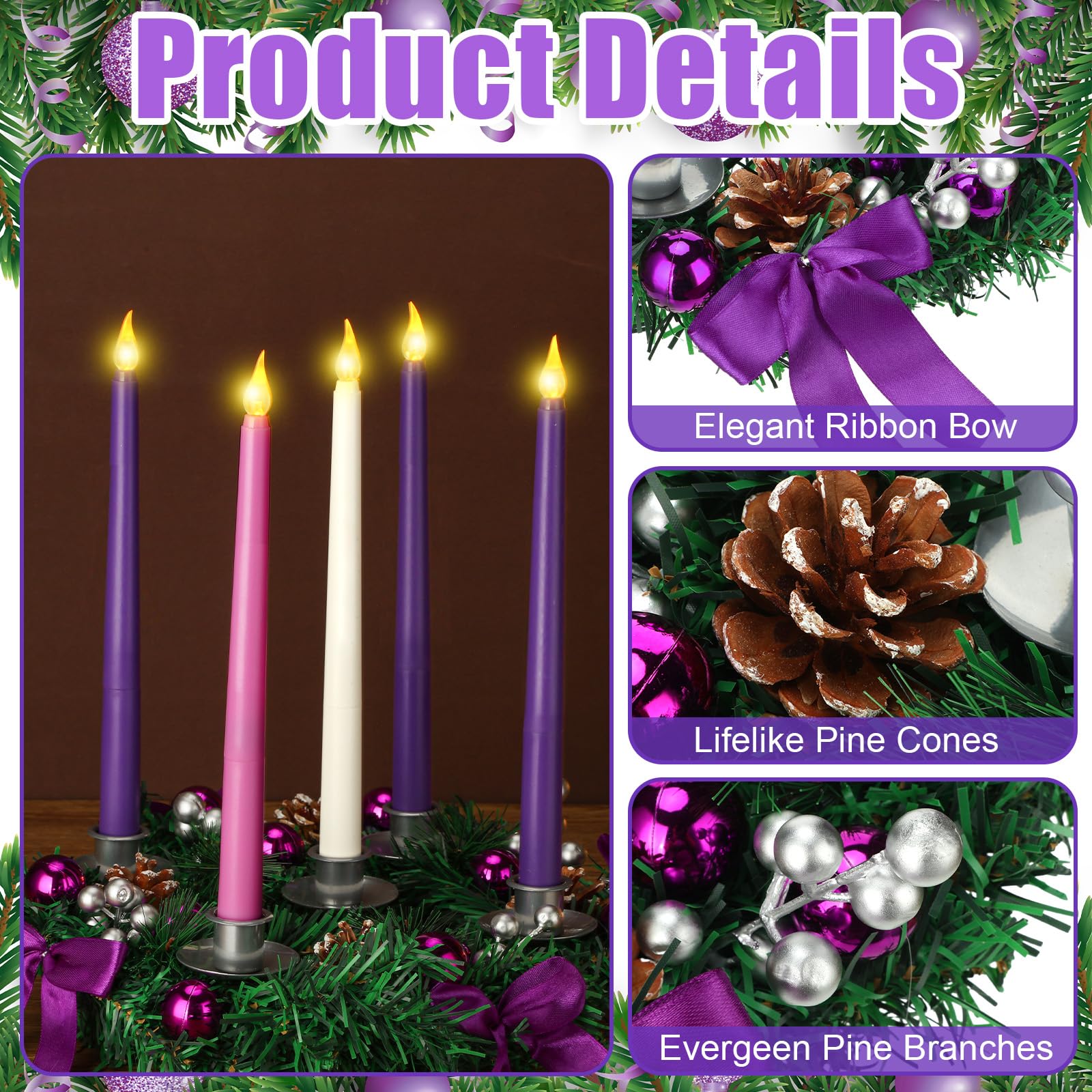 Tioncy 12 Inch Christmas Advent Wreath Candle Holder with 5 Flameless Candles Remote Control Wreaths Holder Centerpiece Decoration with Berries(Stylish,11 x 0.8 x 0.8 in) - Image 4