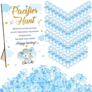 Thyle 51 Pcs Pacifier Hunt Baby Shower Games Include Hunt Sign and 50 Acrylic Pacifiers for Baby Shower Game Decoration Gift Sets Gender Reveal Party Decor(Blue Elephant)