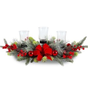 Red Christmas Table Centerpiece,Christmas Decoration Cedar with 3 Candlestick Glass Cup, Red Berry, Christmas Balls for Holiday Party, Home, Fireplace