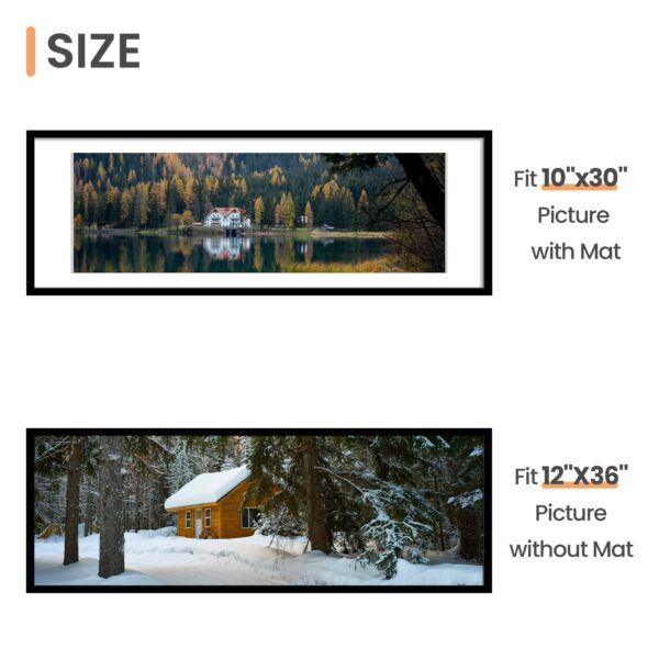 upsimples 12x36 Picture Frame, Display Pictures 10x30 with Mat or 12 x 36 Without, Wall Hanging Long Frames, Black, 1 Pack - Image 3