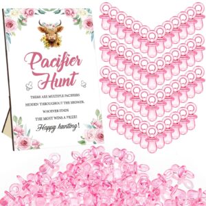 Thyle 51 Pcs Pacifier Hunt Baby Shower Games Include Hunt Sign and 50 Acrylic Pacifiers for Baby Shower Game Decoration Gift Sets Gender Reveal Party Decor(Highland Cow)
