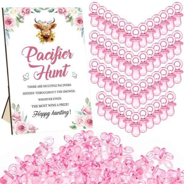 Thyle 51 Pcs Pacifier Hunt Baby Shower Games Include Hunt Sign and 50 Acrylic Pacifiers for Baby Shower Game Decoration Gift Sets Gender Reveal Party Decor(Highland Cow)