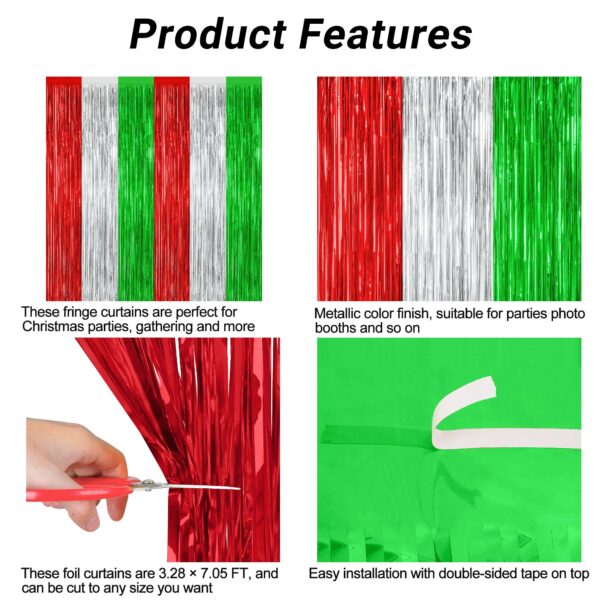 12 Pack Christmas Party Backdrop, 3.28 FT x 7.05 FT Red Silver Green Foil Streamer, Metallic Fringe Curtains Tinsel Streamer, Hanging Christmas Decorations Picture Props Door Decor - Image 4