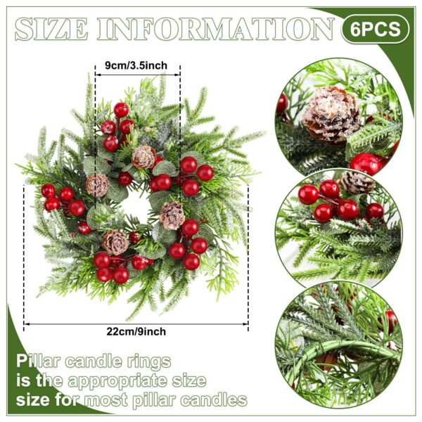 Lyrow 6 Pcs Christmas Candle Rings Wreath Norfolk Pine Garland Red Berry Pinecones Wreaths Artificial Berries Snowy Pine Garland Candle Ring Holder for Christmas Wedding Home Table Centerpiece - Image 3
