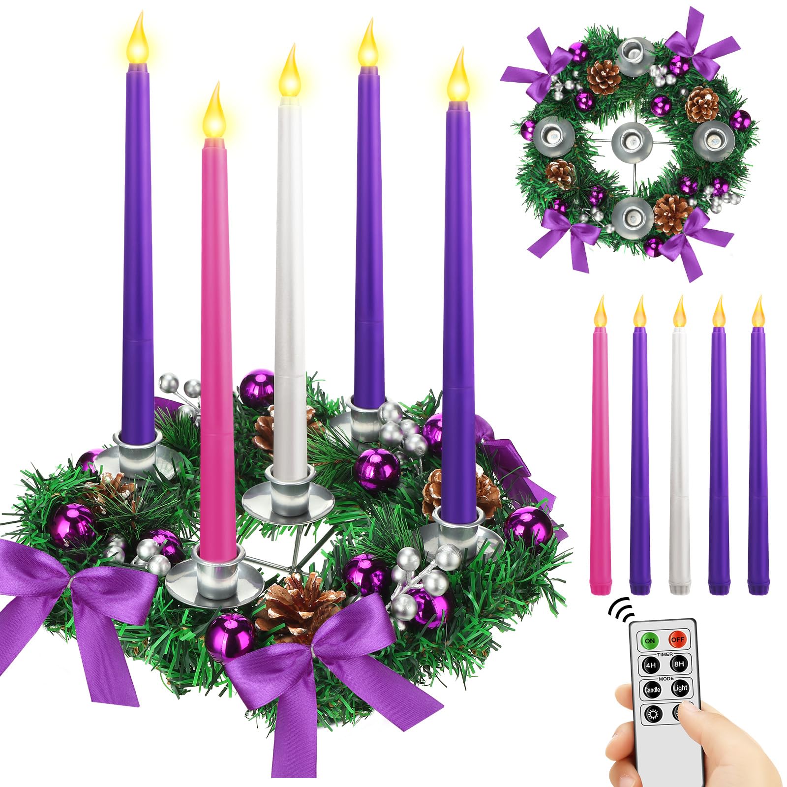 Tioncy 12 Inch Christmas Advent Wreath Candle Holder with 5 Flameless Candles Remote Control Wreaths Holder Centerpiece Decoration with Berries(Stylish,11 x 0.8 x 0.8 in)