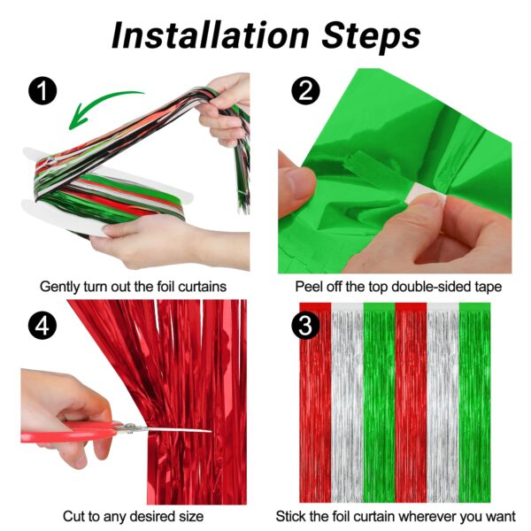12 Pack Christmas Party Backdrop, 3.28 FT x 7.05 FT Red Silver Green Foil Streamer, Metallic Fringe Curtains Tinsel Streamer, Hanging Christmas Decorations Picture Props Door Decor - Image 3