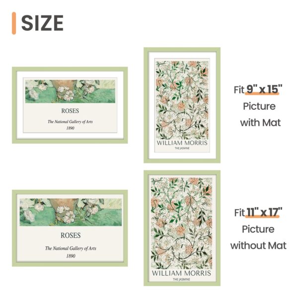 upsimples 11x17 Picture Frame, Display Pictures 9x15 with Mat or 11 x 17 Without, Wall Hanging Poster Frames, Green, 1 Pack - Image 2