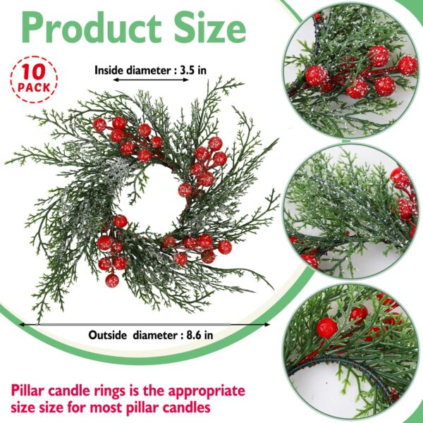 Serlvan 10 Pcs Christmas Candle Rings Wreath Artificial Candle Rings with Red Berry, Snowy Pine Garland Candle Ring Holder for Christmas Decorations Table Centerpiece - Image 2
