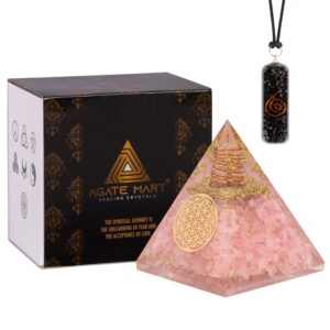 Agate Mart Rose Quartz Pyramid - Healing Crystals for Success - Amplify Meditation with Orgonite Energy, Includes Black Tourmaline Pendant