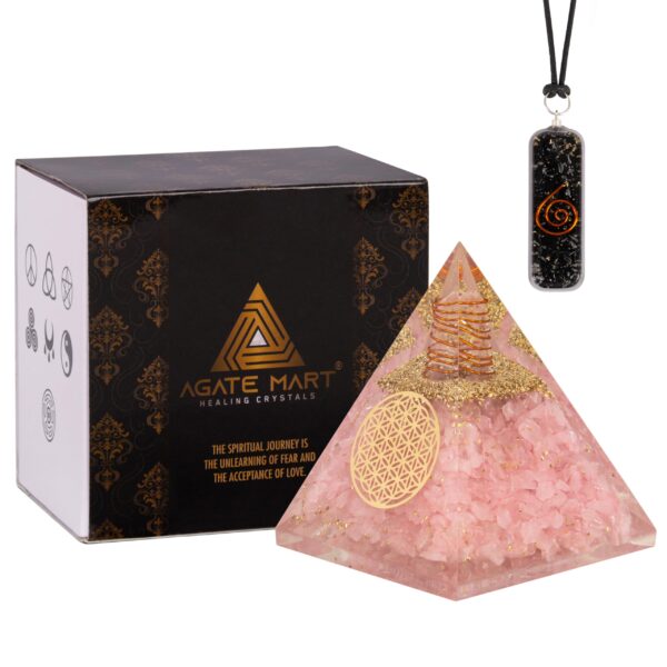 Agate Mart Rose Quartz Pyramid - Healing Crystals for Success - Amplify Meditation with Orgonite Energy, Includes Black Tourmaline Pendant